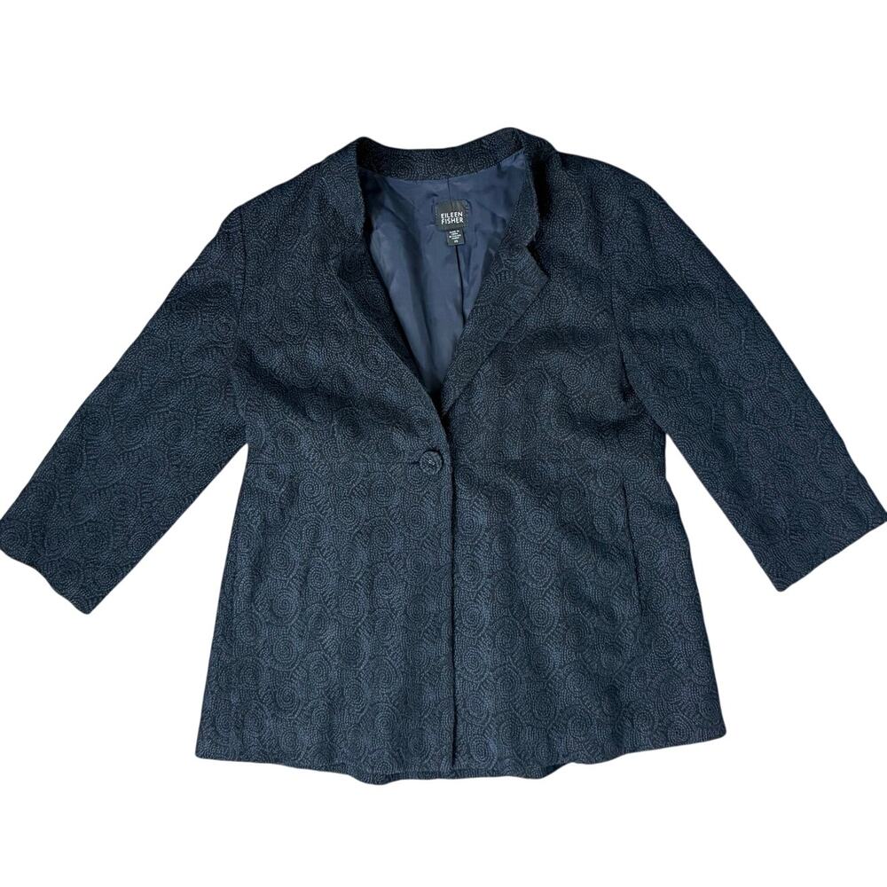 Eileen Fisher Black Embroidered Blue Swirl Wool Single Button Blazer Size XS